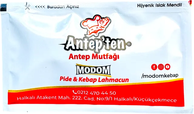 Antep’ten / Modom logolu 7 × 12 cm baskılı ıslak mendil ambalajı — logo yüzü