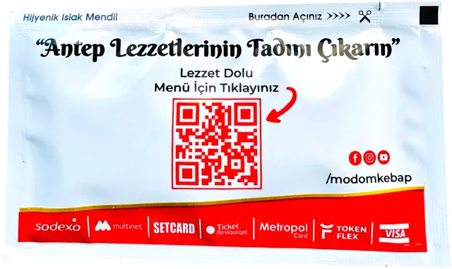 Antep’ten / Modom logolu 7 × 12 cm baskılı ıslak mendil ambalajı — iletişim yüzü