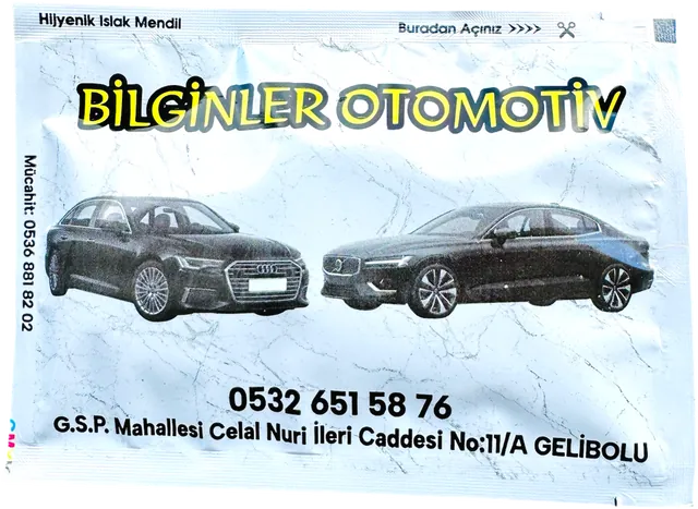 Bilginler Otomotiv · Gelibolu logolu 9 × 13 cm baskılı ıslak mendil ambalajı