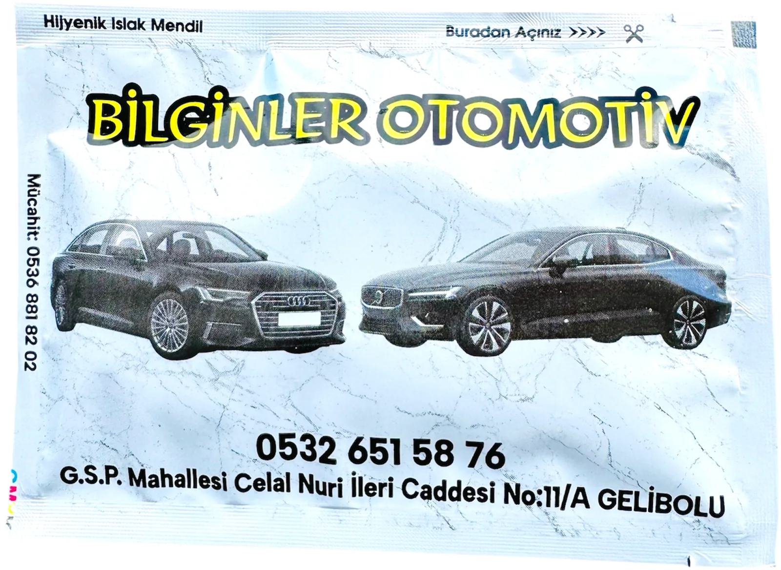 Bilginler Otomotiv · Gelibolu logolu 9 × 13 cm baskılı ıslak mendil ambalajı