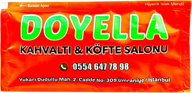 Doyella Kahvaltı & Köfte logolu 7 × 14 cm baskılı ıslak mendil ambalajı