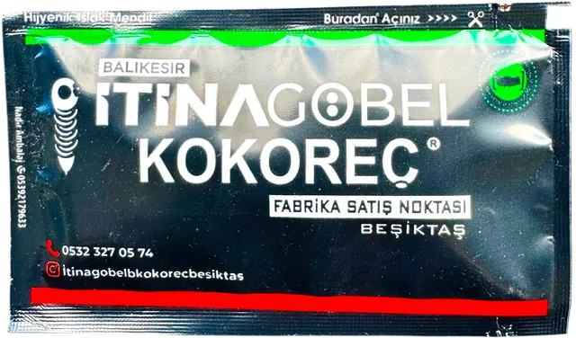 İtinagöbel Kokoreç logolu 7 × 12 cm baskılı ıslak mendil ambalajı — birinci görünüm