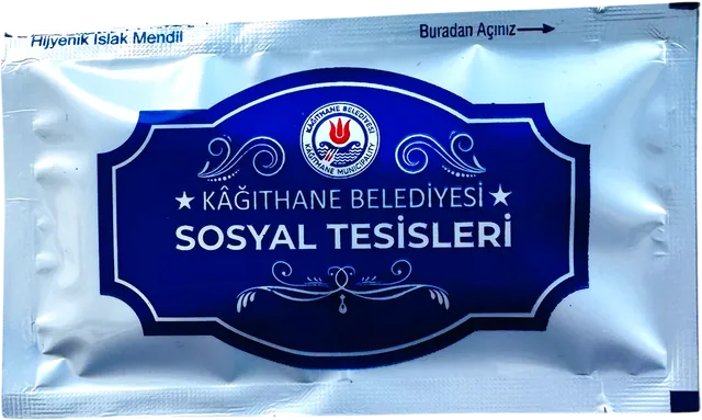 Kağıthane Belediyesi logolu 7 × 12 cm baskılı ıslak mendil ambalajı — sosyal tesisler logo yüzü