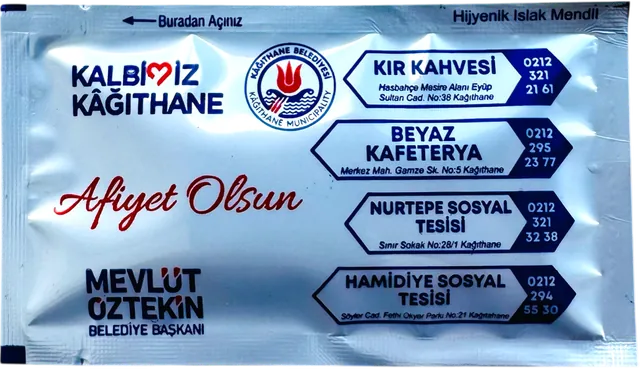 Kağıthane Belediyesi logolu 7 × 12 cm baskılı ıslak mendil ambalajı — afiyet olsun yüzü