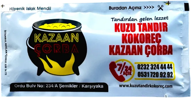 Kazaan Çorba · İzmir logolu 6 × 12 cm baskılı ıslak mendil ambalajı
