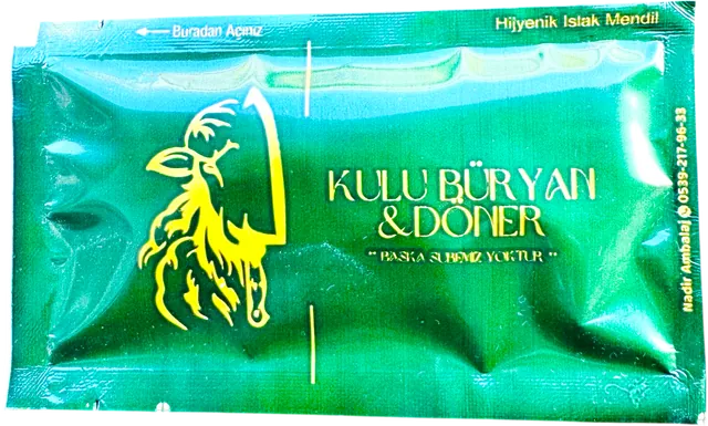 Kulu Büryan Döner logolu 7 × 12 cm baskılı ıslak mendil ambalajı — logo yüzü