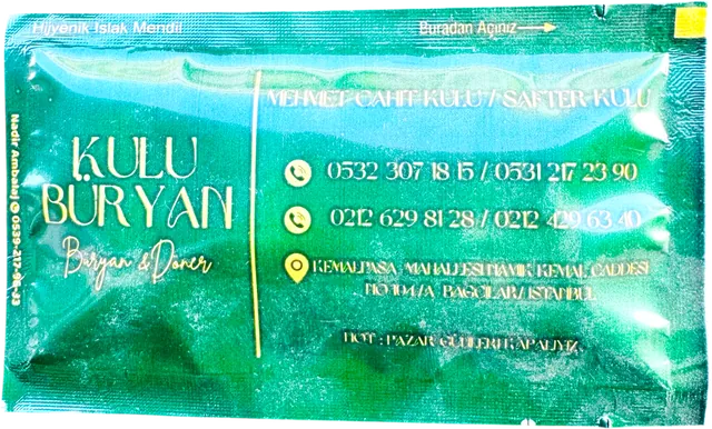 Kulu Büryan Döner logolu 7 × 12 cm baskılı ıslak mendil ambalajı — iletişim yüzü