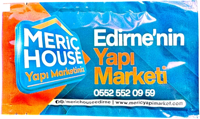 Meriç House logolu 7 × 12 cm baskılı ıslak mendil ambalajı — baskı yüzü