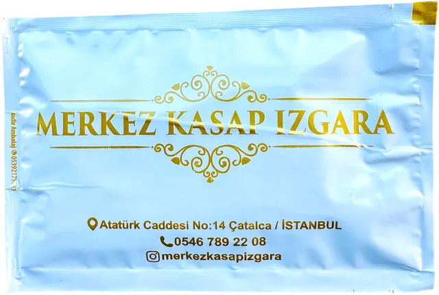 Merkez Kasap Izgara logolu 9 × 14 cm baskılı ıslak mendil ambalajı