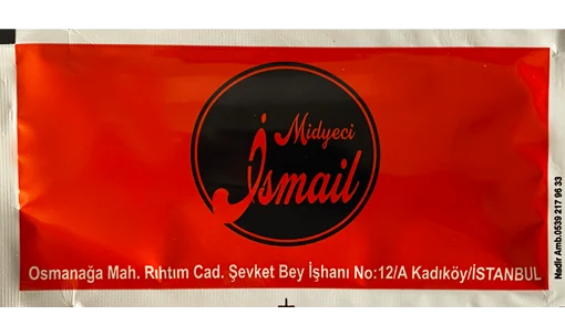 Midyeci İsmail / kırmızı baskı — baskılı ıslak mendil baskı örneği