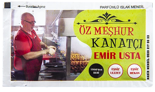 Öz Meşhur Kanatçı Emir Usta — baskılı ıslak mendil baskı örneği