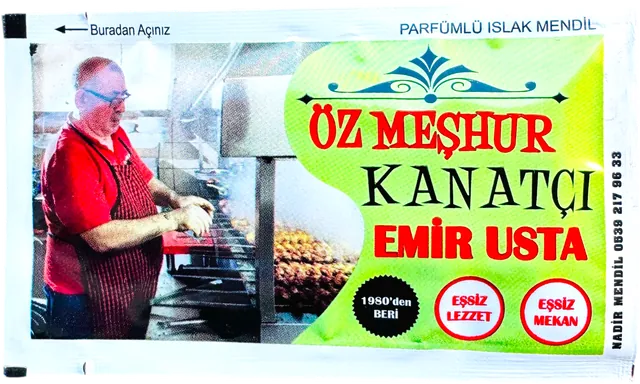 Öz Meşhur Kanatçı Emir Usta logolu 7 × 12 cm baskılı ıslak mendil ambalajı