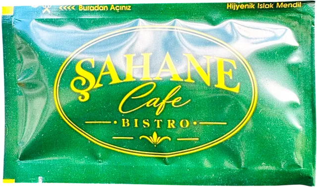 Şahane Cafe & Bistro logolu 7 × 12 cm baskılı ıslak mendil ambalajı