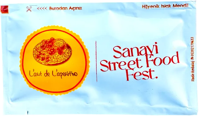 Sanayi Street Food Fest logolu 7 × 12 cm baskılı ıslak mendil ambalajı