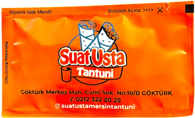 Suat Usta Tantuni logolu 7 × 12 cm baskılı ıslak mendil ambalajı — turuncu tasarım