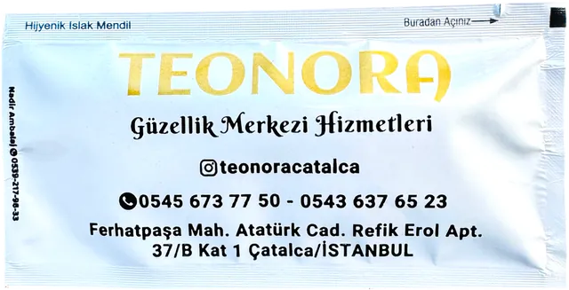 Teonora Güzellik Merkezi logolu 7 × 14 cm baskılı ıslak mendil ambalajı