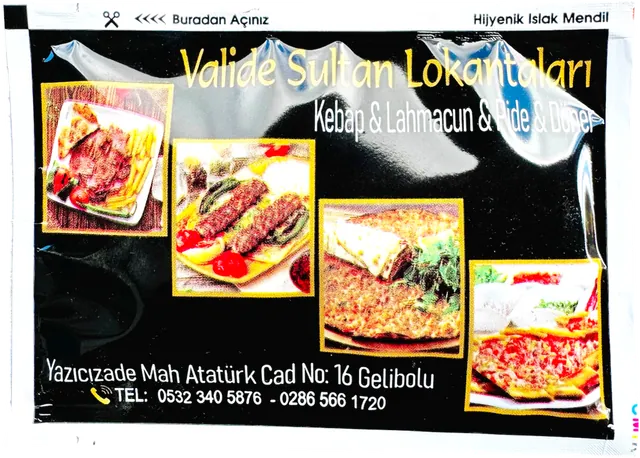 Valide Sultan Lokantaları · Gelibolu logolu 9 × 13 cm baskılı ıslak mendil ambalajı